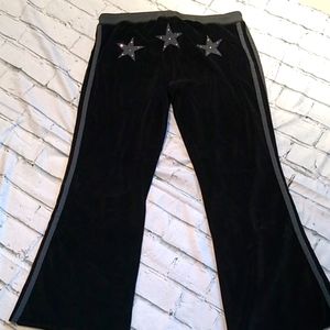 Ladies velour flare track pants, size XL in black with gray striped and stars.